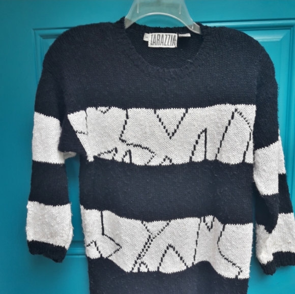 Vintage Chunky Knit Sweater Black and White Linen Cotton Sweater Sz ML - Picture 4 of 7